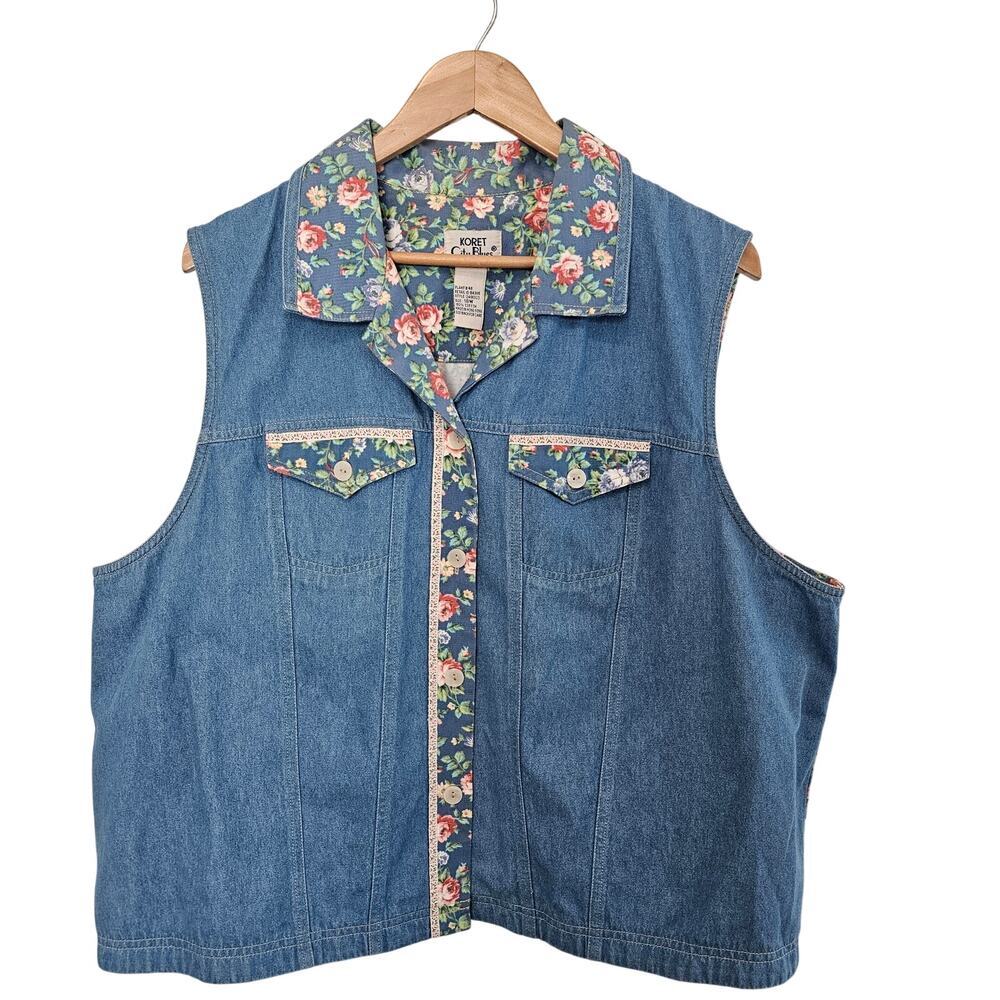 Vintage Koret Denim Blouse Women 18W Floral Cottage Patchwork 90s Retro Roses